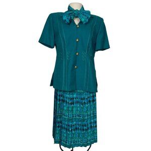Vintage Leslie Fay Green Suit Womens 10 Petite Blazer Pleated Skirt Career
